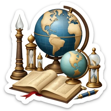 An icon featuring ancient scrolls, a quill pen, and large, old-fashioned sand clocks, symbolizing the study of history. The design includes a globe and a timeline with significant historical events, set against ruins to evoke past civilizations. Transparent background highlights the passage of time. sticker