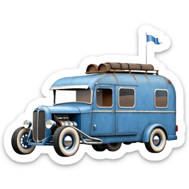 A rat rod 1934 hot rod caravan pulling a large matching trailer, blue and pearl  sticker