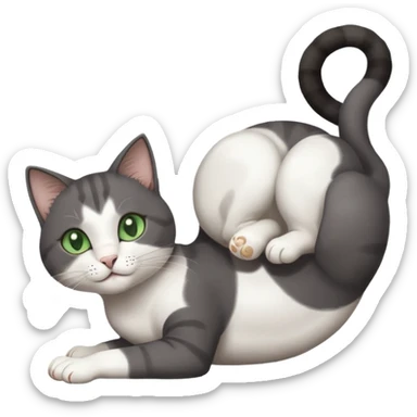 beautiful female solid dark grey cat with green eyes, white toes/paws and white patch on her chest playfully rolling upside down sticker