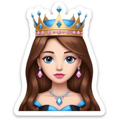 Queen, brown long hair, big crown with pink diamonds, black dress with blue diamonds sticker
