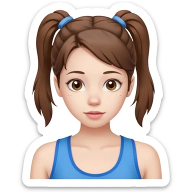create an emoji of a young woman. She has a nice look, with mid-long brown hair and pigtails, brown eyes, pale skin, natural soft pink lips. she wears a blue tank top with a v opening sticker