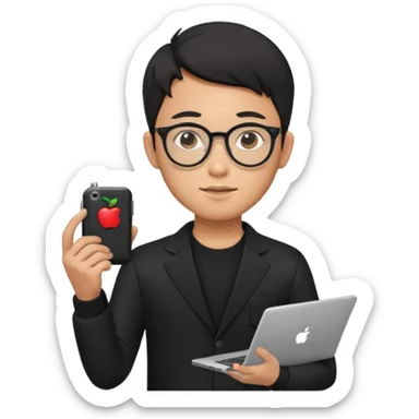 a asia man guy his 20s wearing an apple notebook, wearing bodyguard radio operator, round glasses, blAck clothes sticker