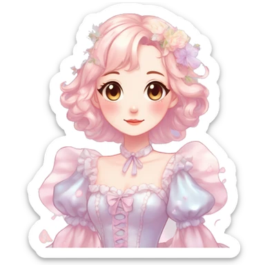Gorgeous pastel anime style lady with blushing face with flower petals around cute dress  cottagecore fairycore pastelcore shiny colorful pearly petite simplistic aesthetic trending style sticker