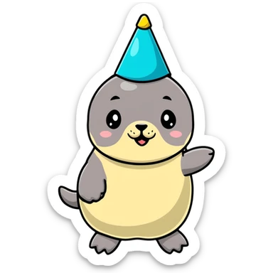 A cute seal wearing a colorful party hat, similar to a sustainable fuel plant logo sticker