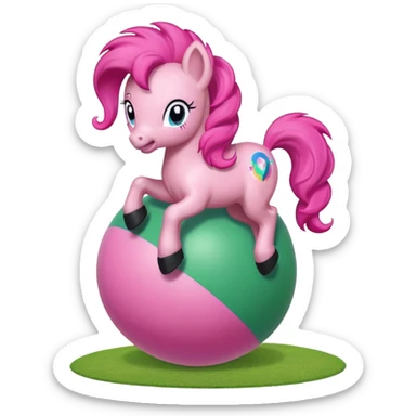 Pinkie Pie pony from My Little Pony happily bouncing on a big colorful ball, cartoon style, bright colors, cheerful expression, background with green meadow or playground sticker