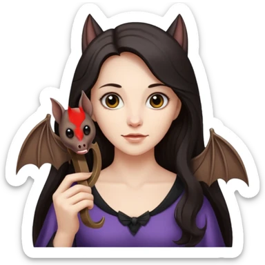 woman with long dark hair holding a horsehoe bat sticker