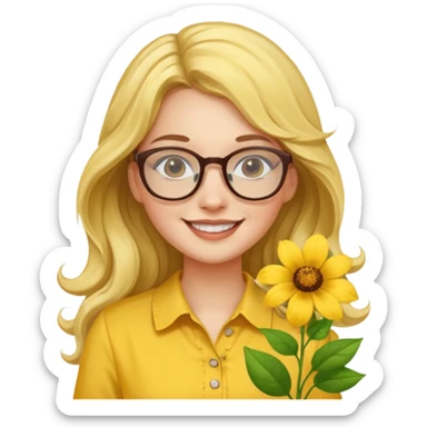 girl with a yellow blouse with flowers, with hair long hair in waves with glasses smiling sticker