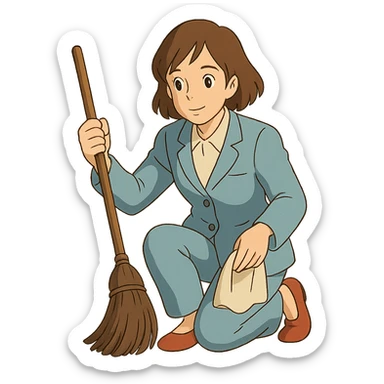 light-skinned woman in a light blue suit cleaning sticker
