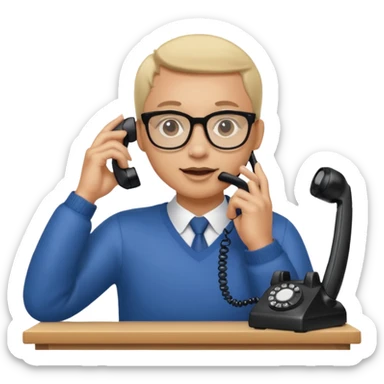 person standing at a desk, holding a telephone receiver to their ear, suggesting a phone call. sticker