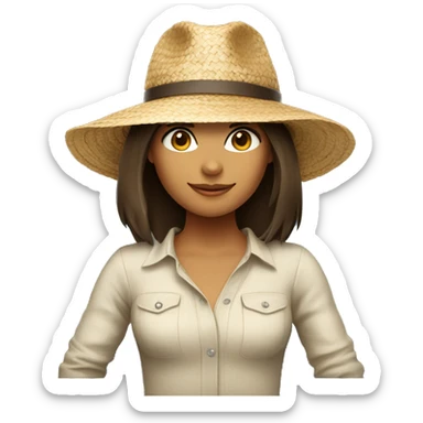 Brunette girl with shoulder length hair wearing straw hat sticker