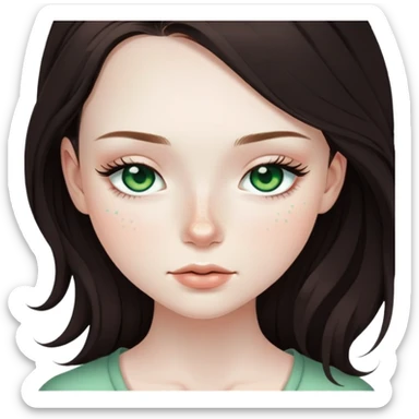 pretty girl with pale skin, freckles, green eyes, long lashes, dark brown long hair with closed eyes sticker