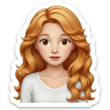 white adult woman with strawberry blonde super long wavy hair, white top, blushed cheeks sticker