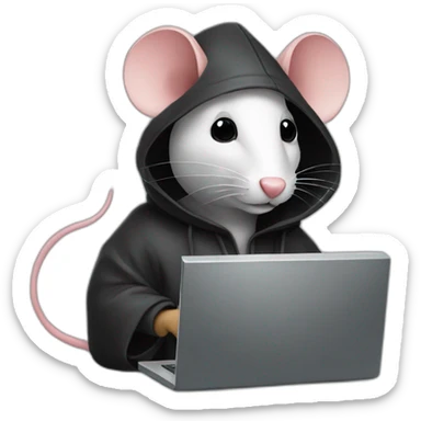 A black mouse with a hood, coding on a computer sticker