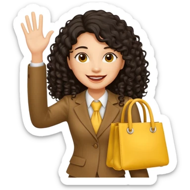 medium deep tan brown business woman with long black curly hair, waving hand with happy face with smile mouth and carrying yellow bag on her shoulder sticker