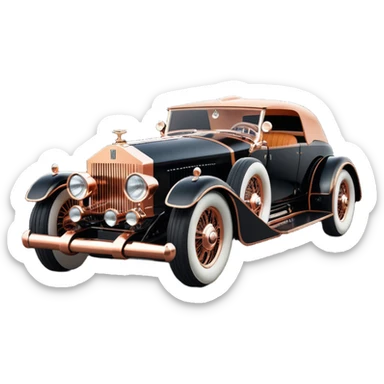 Dark black Bare bones streamlined sporty (stripped down) hot rodded engine rose gold and woody sporty 1932 Rolls Royce with futuristic electric spaceship plasma neon glowing motors and lightening dynamos with wide racing wheels that are held strong by advanced suspension and steering sticker
