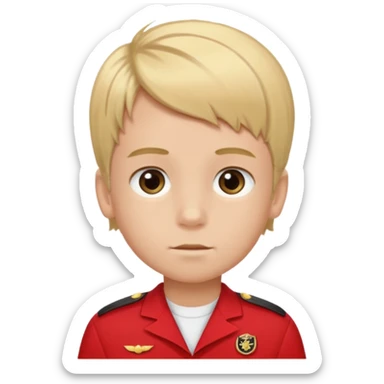 SARI SAÇLI SAÇININ YARISI SOLA DOĞRU DİĞERİNİN SAĞ TARAFTA AMA DÜZ DURAN KAHVERENGİ GÖZLÜ UZUN KİRPİKLİ BUĞDAY RENKLİ KIRMIZI ÜNİFORMALI BİR ERKEK ÇOCUK sticker