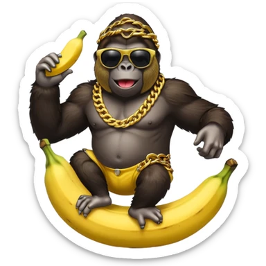 A realistic gorilla with cool shades and a gold chain riding a banana  sticker