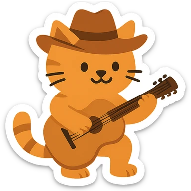 flat toon orange cowboy cat strumming an acoustic guitar  sticker