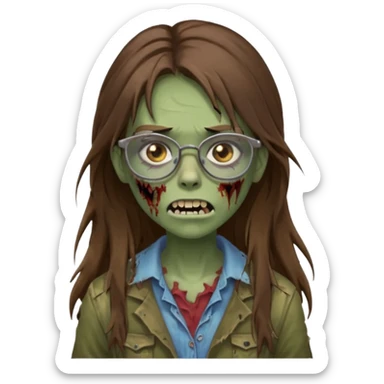 Girl zombie with brown long hair with teeth and serious face IOS style with glasses sticker
