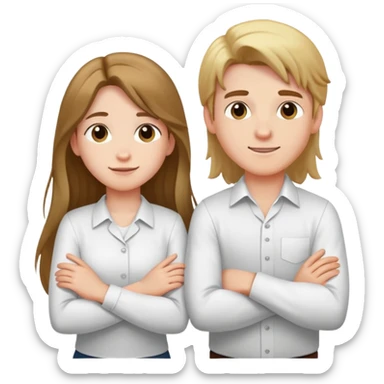 A boy in a white shirt and a girl with long hair crossed their arms over their chests - with happy faces sticker
