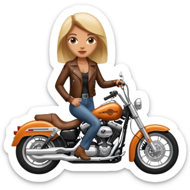 A woman wearing leather riding a Harley Davidson sticker