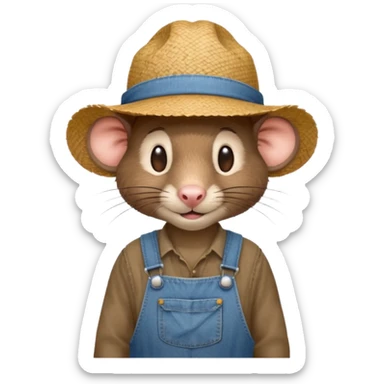 farmer rat in denim overalls with a straw hat sticker