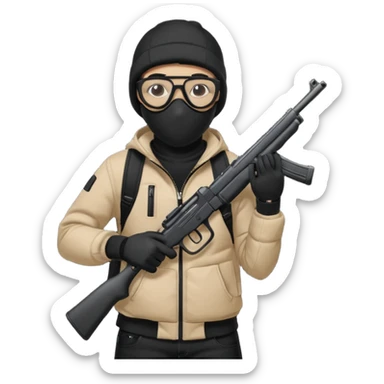 YN wearing a ski mask, holding a gun, all black fit, black jeans, Sprayground bookbag, confident stance with glasses sticker