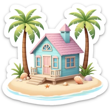 cute beach house, small seaside house, wooden walls, pastel colors, palm trees, seashells, warm sunlight, 3D cartoon, mobile game icon style, soft shadows, clean background, no text, no watermark
 sticker