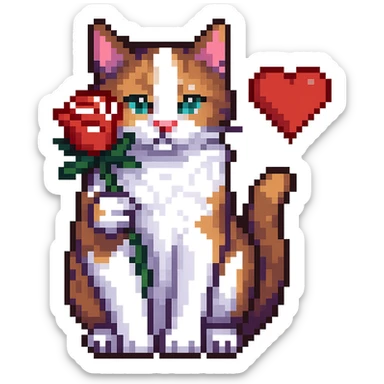 Add a heart to the tricolor cat holding a rose, keep the background transparent, pixel art style. sticker