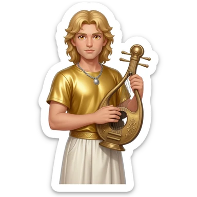 Apollo from Greek Mythology with amber eyes, long blonde hair, gold metallic shirt, ivory metallic baggy pants, silver necklace sticker