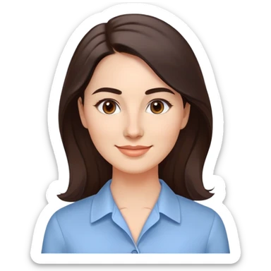 Professional woman in her 30s with light complexion, oval face, gentle features, large dark brown eyes, well-formed medium eyebrows, small nose, warm friendly smile, long slightly wavy dark brown hair with soft volume, wearing a light blue dress shirt sticker