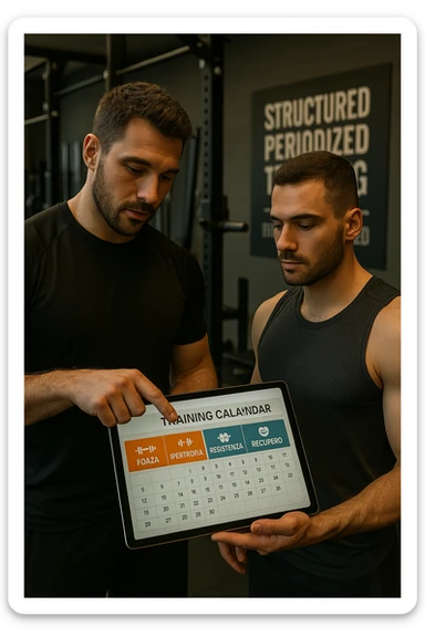 realistic cinematic photo a personal trainer and a client stand in a modern gym, reviewing a large, color-coded training calendar or chart on a tablet. The calendar shows different phases (Forza, Ipertrofia, Resistenza, Recupero) with icons and dates. Around them, gym equipment and motivational posters reinforce the idea of structured, periodized training. in italiano sticker
