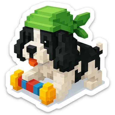 A black and white Russian Cocker Spaniel puppy wearing a green durag, voxel style, playing with a toy sticker