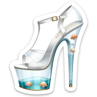 clear platform heel, pole dancing heel, pleaser, white, all translucent ,sea shells on it  sticker