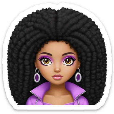 pretty bratz girl, dark black big afro, dark brown eyes, y2k fashion, black eye liner, dark black skin sticker
