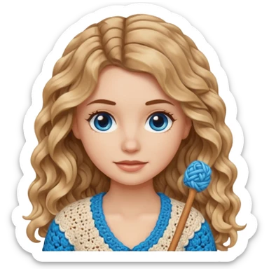 White Girl with long light brown slightly blonde ish naturally wavy hair and blue eyes who likes crocheting sticker