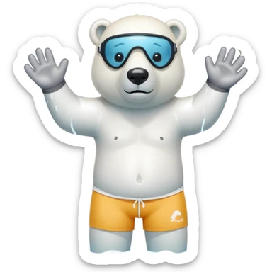 friendly anthropomorphised polar bear standing in a puddle of water, wearing loose board shorts, scuba mask over eyes, inflatable swimming armbands sticker