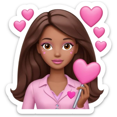 Barbie girl and  makeup , brown long straight wavy hair and brown eyes is In pale pink clothes There are pink hearts all around sticker