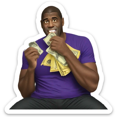 Magic Johnson eating a dollar bill sticker