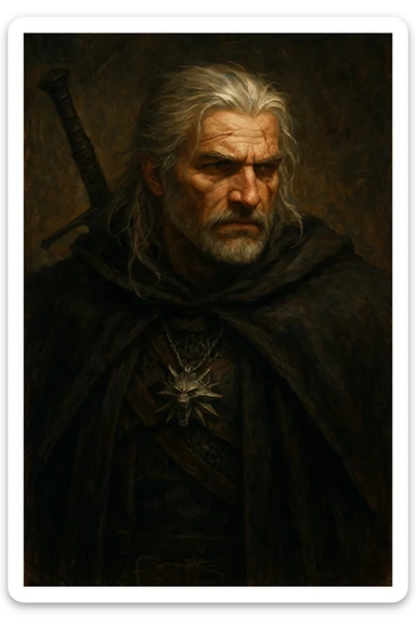 Geralt of Rivia, rugged look, wolf medallion, dark cloak, painterly fantasy style sticker