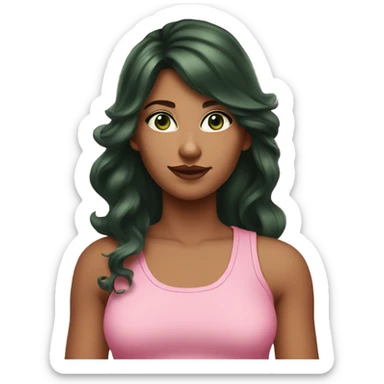 Woman with light skintone and pink undertone and with dark brown shiny long wavy hair with side bangs and side part, she is wearing a pink tank top and has dark green eyes sticker