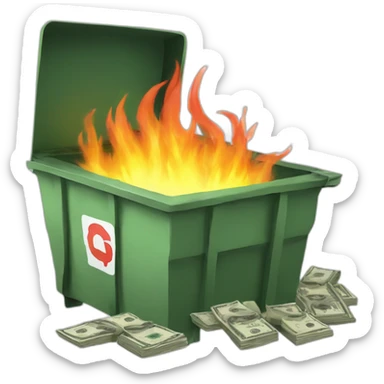Dumpster fire with dollar bills sticker