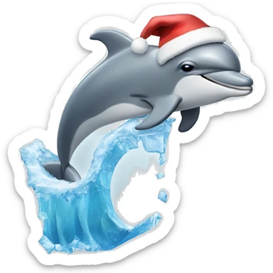 A dolphin wearing a santa hat diving into a wave made out of ice  sticker