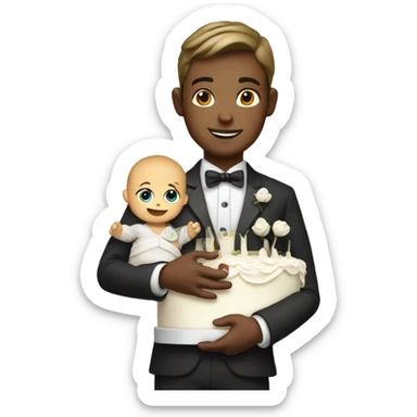 Boy in waiter costume holding a wedding cake and a baby sticker