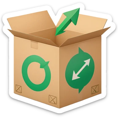 closed package box with a green checkmark and a circular arrow overlay in the upper right sticker