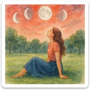 mujer sentada en el pasto en un parque, cielo rojizo, mirando hacia arriba, lunas de las 4 fases alrededor, estilo acuarela, pintura suave y fluida sticker