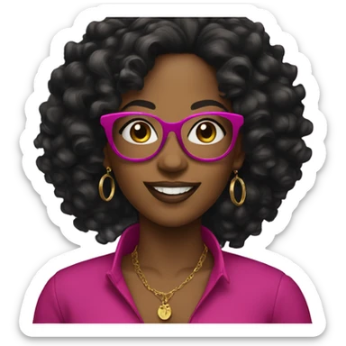 black women with earrings with fuchsia glasses with long black curly hair happy sticker