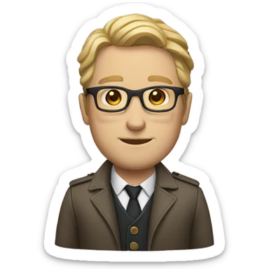 white man with straigth hair, glasses, a jacket and a necklace sticker