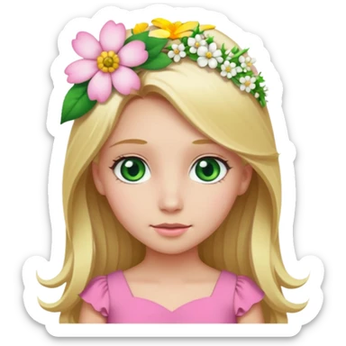 Girl profile picture with long blonde hair and green eyes and a flower in her hair. and a pink outfit sticker