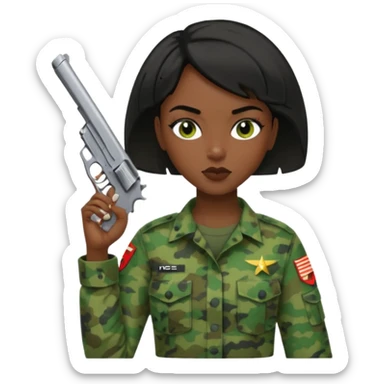 Dark skin Woman marine in no badges green cammies with one handgun short black hair sticker